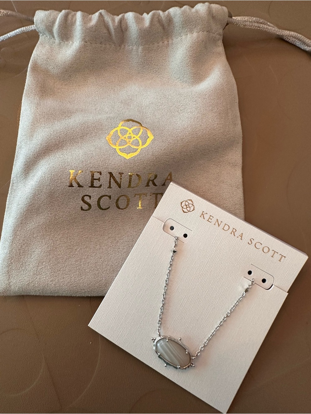 Kendra Scott Elisa Silver/Rhodium Pendant Necklace in Gray Banded Agate NEW